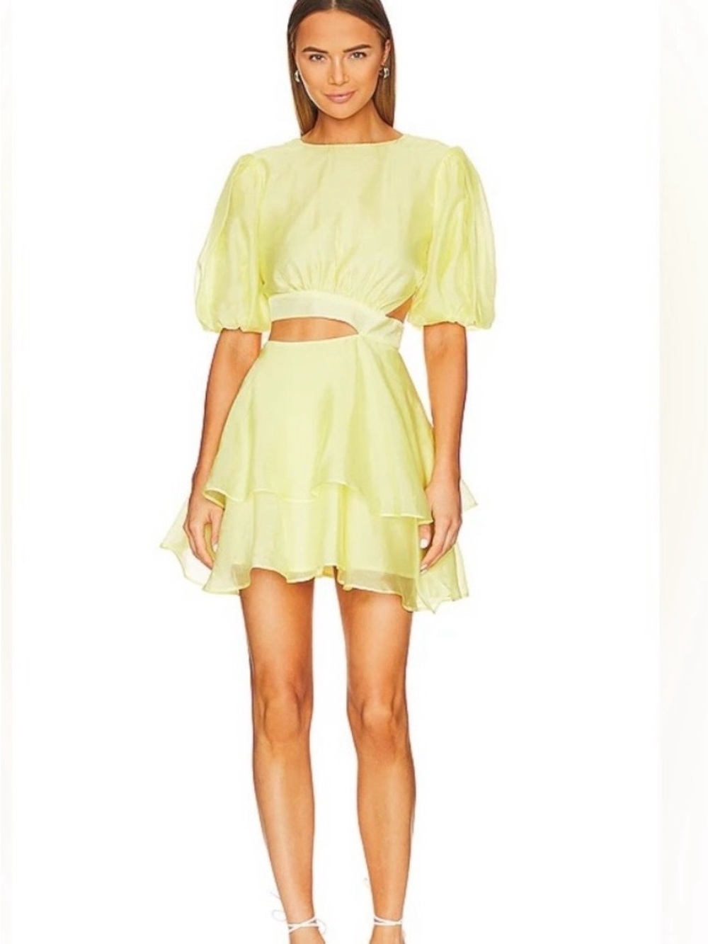 Bardot Lemon Puff-Sleeve Cutout Layered Mini Dress